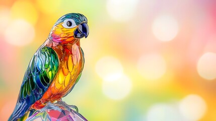 Glass parrot toy with vibrant multicolored plumage sitting isolated on a colorful background