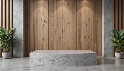 Elegant Marble Display Platform Minimalist Modern Wood Panel Background Studio Product Presentation Scene Clean Interior Design Mockup Neutral Tones  