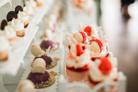 Delicious wedding reception candy bar dessert table