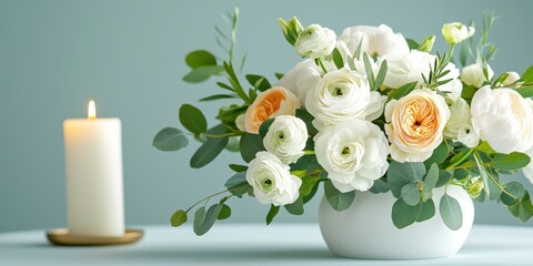 Fototapeta premium Elegant floral centerpieces with candlelight on dining table indoor eye-level shot showcasing sophistication