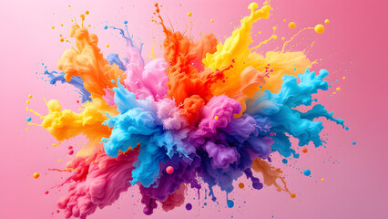 Fototapeta premium Color powder splash rainbow background paint holi smoke colour . Powder color splash explosion dust ink burst splatter white texture isolated black spray party blue wallpaper cloud illustration.