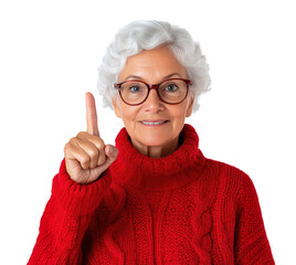 Older woman with white hair and glasses raising one finger while smiling in a red sweater against a transparent background