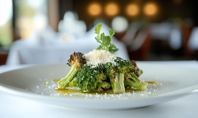 Perfectly roasted broccoli garnished with Parmesan cheese on an elegant white plate, showcasing culinary artistry and simplicity