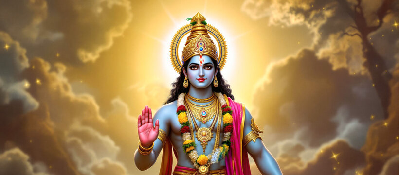 Lord vishnu giving blessings 8k image in golden clouds