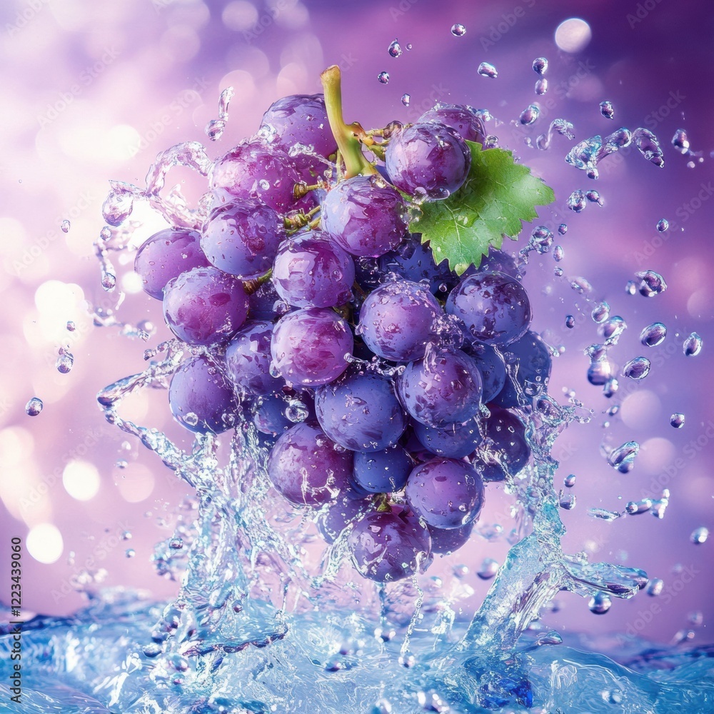 Aufkleber bunch of purple grapes splashing in clear water against a colorful background in a refreshing summer