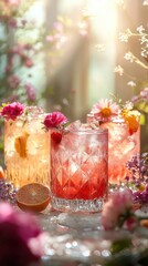 Fototapeta premium Colorful edible flower cocktails in soft sunlight macro outdoor setting refreshing summer vibes