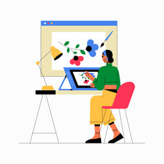 Female Digital Artist Creating Artwork On A Tablet In A Flat Vector Illustration Symbolizing Creativity, Digital Art, And Innovation, Isolated On White Background