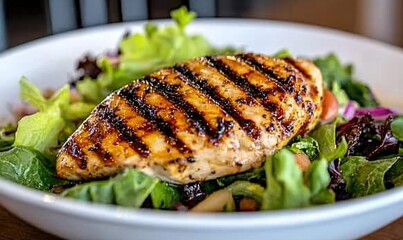 Grilled chicken breast resting on a vibrant bed of mixed greens and drizzled with light vinaigrette for a healthy meal