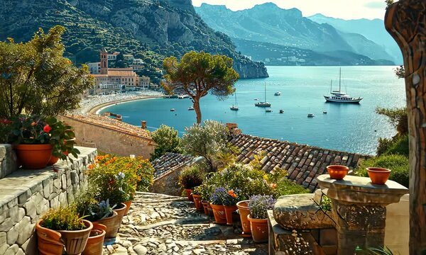 Beautiful Italian town on sea,  Amalfi coast look-like landscape, Mediterranean travel concept