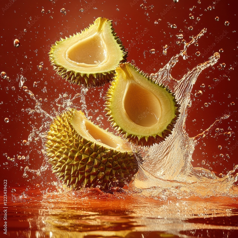 Poster fresh durian halves splashing in water against a vibrant red background in a creative culinary displ