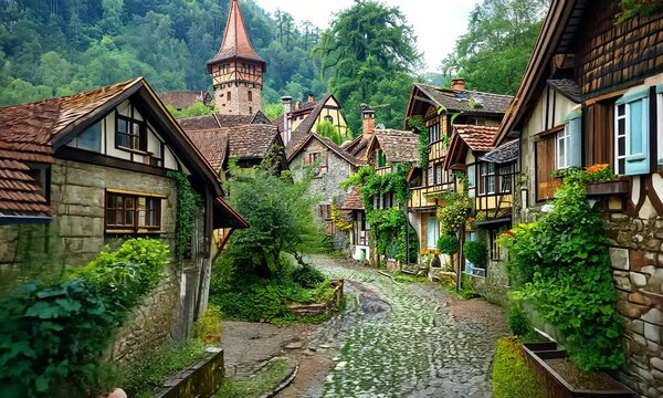 Camera follow the street with old English cottages, beautiful; picturesque village, travel destination  