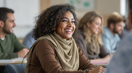 A multicultural group of students actively participating and smiling during a classroom discussion, portraying a positive and interactive learning atmosphere