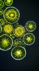 Magnified view of algal cells with visible chloroplasts and nucleus, a detailed microscope image of algal cells showing chloroplasts and the nucleus in high definition.