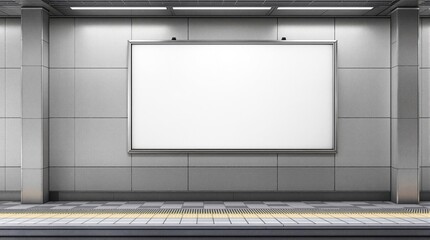 Minimalist underground train station platform features a large white advertising billboard. The design clearly emphasizes spaciousness and modern architecture,