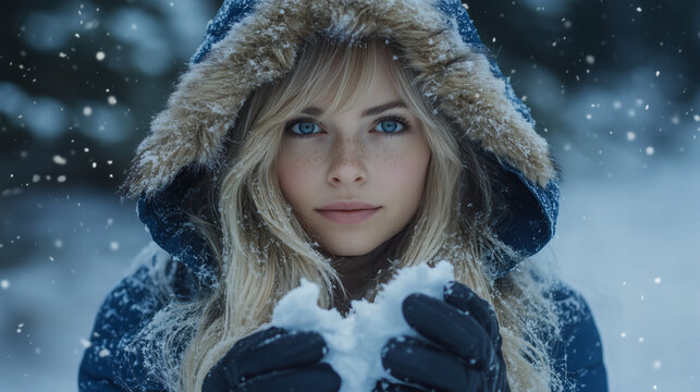 Mujer joven en la nieve con abrigo de invierno y capucha