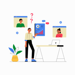 Male Presenter Explaining Chart In Virtual Meeting In Flat Vector Illustration Symbolizing Online Education, Remote Presentation, And Teamwork, Isolated On White Background.