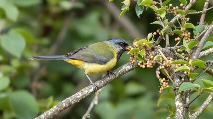 Fototapeta premium A vibrantly colored bird with yellow and blue plumage perched on a branch, enjoying a feast of ripe, small berries amidst lush foliage, evoking tranquility and the beauty of natural wildlife