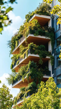 Edificio moderno con balcones llenos de plantas y dise&ntilde;o sostenible