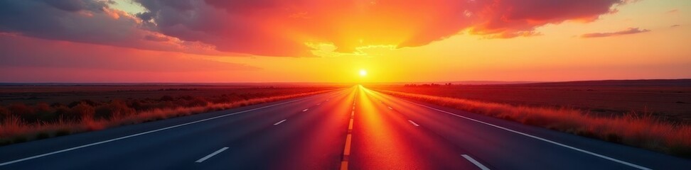 Obraz premium Sunrise casts long shadows across empty highway, vibrant sky , beautiful, red, fog