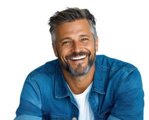 Smiling man in denim jacket against transparent background enjoys cheerful moment