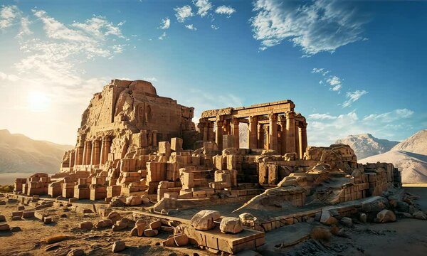 View at ruins of ancient city with temple at golden hours of sunset,  nabatienh culture 