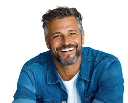 Smiling man in denim jacket against transparent background enjoys cheerful moment