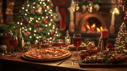 Festive christmas dinner with pizza and wine by the fireplace