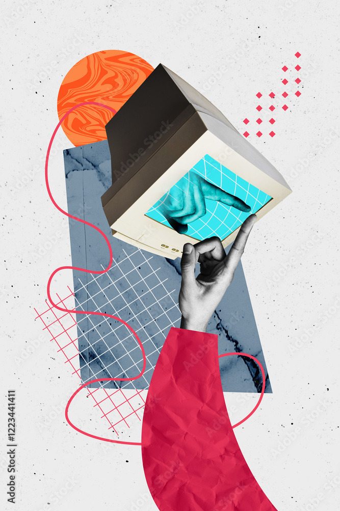Poster composite trend artwork sketch image photo collage of anonymous hand gesture finger point touch comp