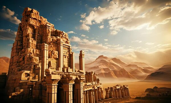 View at ruins of ancient city with temple at golden hours of sunset,  nabatienh culture 