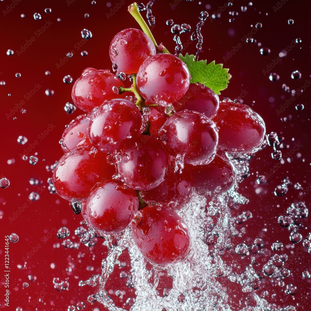 Poster juicy red grapes splash in water against a vibrant red background creating a refreshing moment. gene