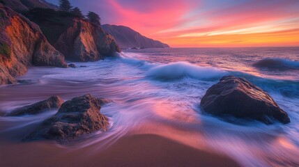 Coastal Sunset Waves Crashing on Rocky Shore