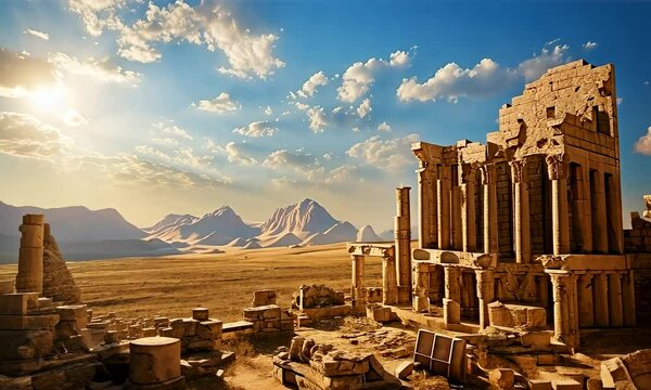 View at ruins of ancient city with temple at golden hours of sunset,  nabatienh culture 