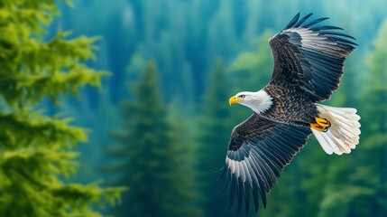 Obraz premium Majestic Bald Eagle Soaring Over Lush Evergreen Forest