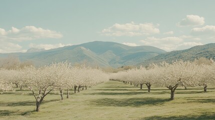 Blossoming Orchard Trees Against Mountain Background