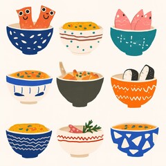 A colorful illustration featuring various bowls of food, showcasing diverse dishes designed with playful patterns and vibrant colors.
