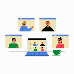 Online Meeting With Diverse Participants In Flat Vector Illustration Symbolizing Virtual Collaboration, Communication, And Remote Work, Isolated On White Background