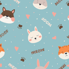 Seamless pattern with cute animal faces. Woodland animal heads cartoon background for kids textile, wrapping paper, wallpaper, fabric.