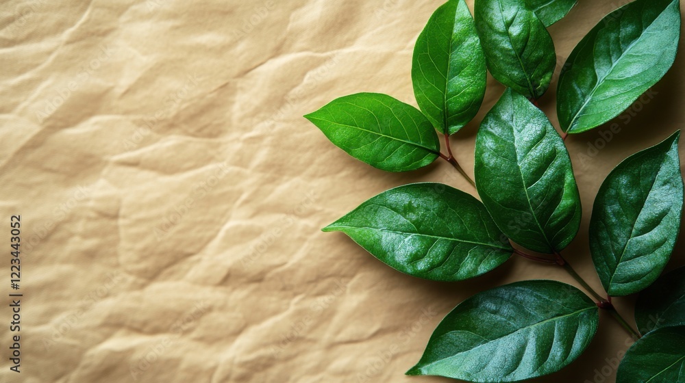 Poster Fresh Green Leaves on Crumpled Brown Paper Background