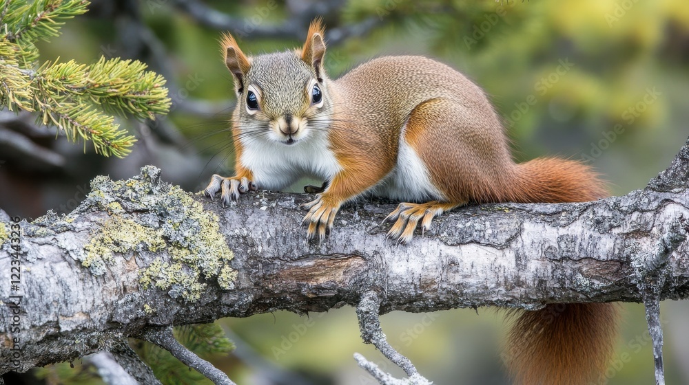 Poster curious squirrel on tree branch in forest setting