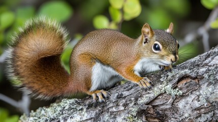 Alert squirrel on tree branch in lush greenery