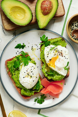 Whole grain toast with avocado and poached egg. for breakfast  .Healthy appetizer.