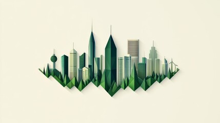 Fototapeta premium Stylized city skyline with green elements and modern architecture.