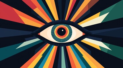 Abstract illustration of an eye surrounded by colorful rays.