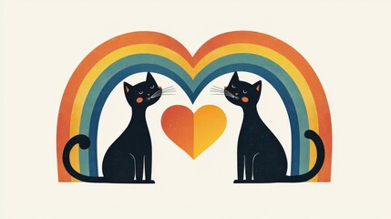 Obraz premium Two black cats under a colorful rainbow and heart symbol.