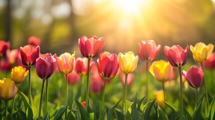 Fototapeta premium Sunlit Tulips: A Vibrant Spring Meadow in Warm Golden Hues
