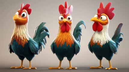 Fototapeta premium Three cartoon roosters with vibrant feathers and expressive faces