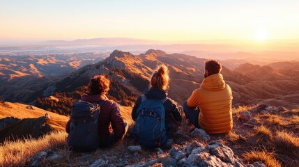 Fototapeta premium Friends watch sunset from mountain peak, enjoying panoramic view