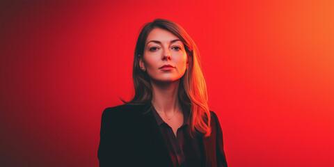 young executive woman in a power pose in red isolated background, poster type background