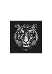 Realistic Black and White Vector Tiger Head with Intricate Fur Textures and Striking Expression on Transparent Background