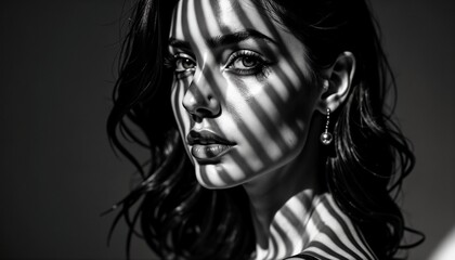 Elegant woman with wavy hair and striking features partially illuminated by striped shadows